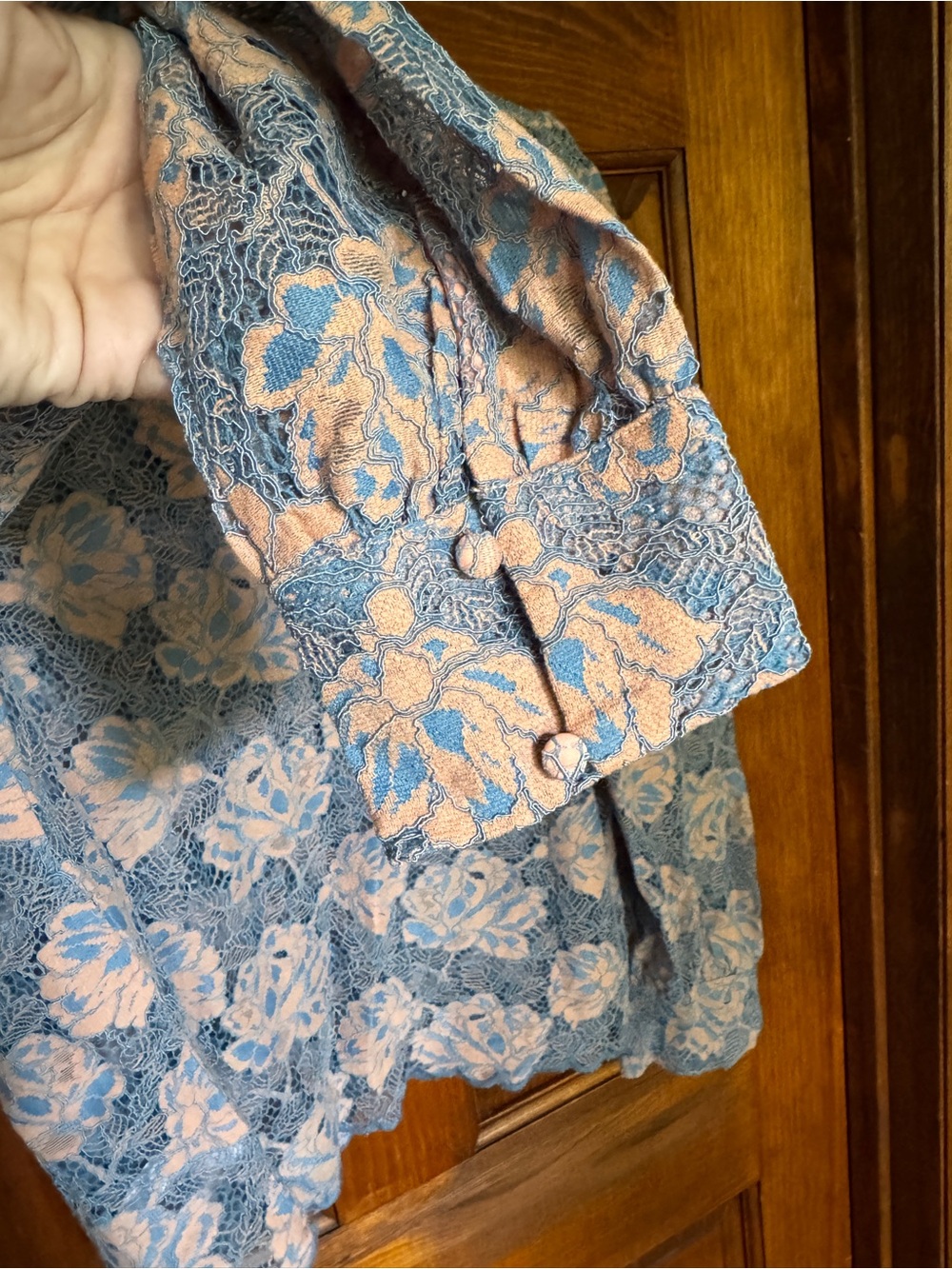 LOFT Blue Lace Floral Long-Sleeve Blouse with Peach Underlay - Picture 5 of 9